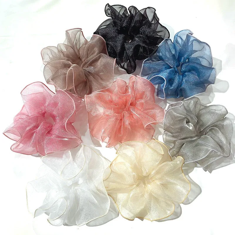 

Women Multi Color Shiny Oversized Organza Gauze Hair Scrunchies Wide Solid Hair Bands Fantastic Flower Shape Ponytail Big Ropes