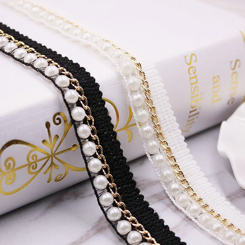 1 ярдов жемчужина бисером кружева отделка ленты ткань белый/черный Кружева