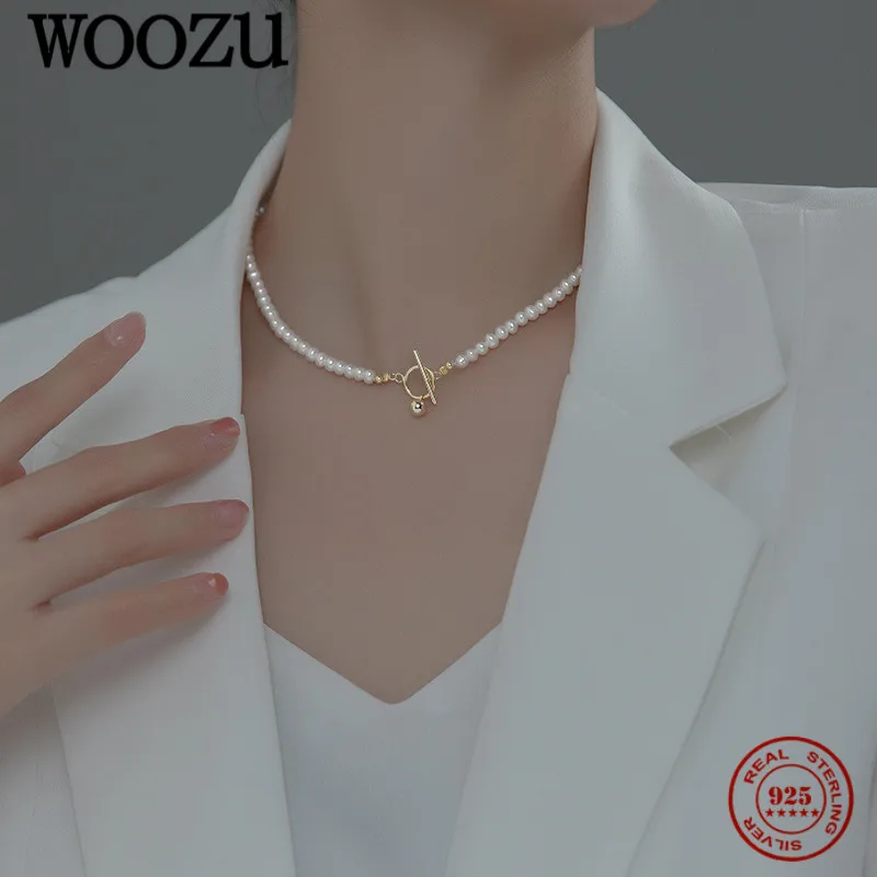 

WOOZU 925 Sterling Silver Minimalist Freshwater Baroque Pearl OT Buckle Clavicle Necklaces For Women European Punk Fine Jewelry