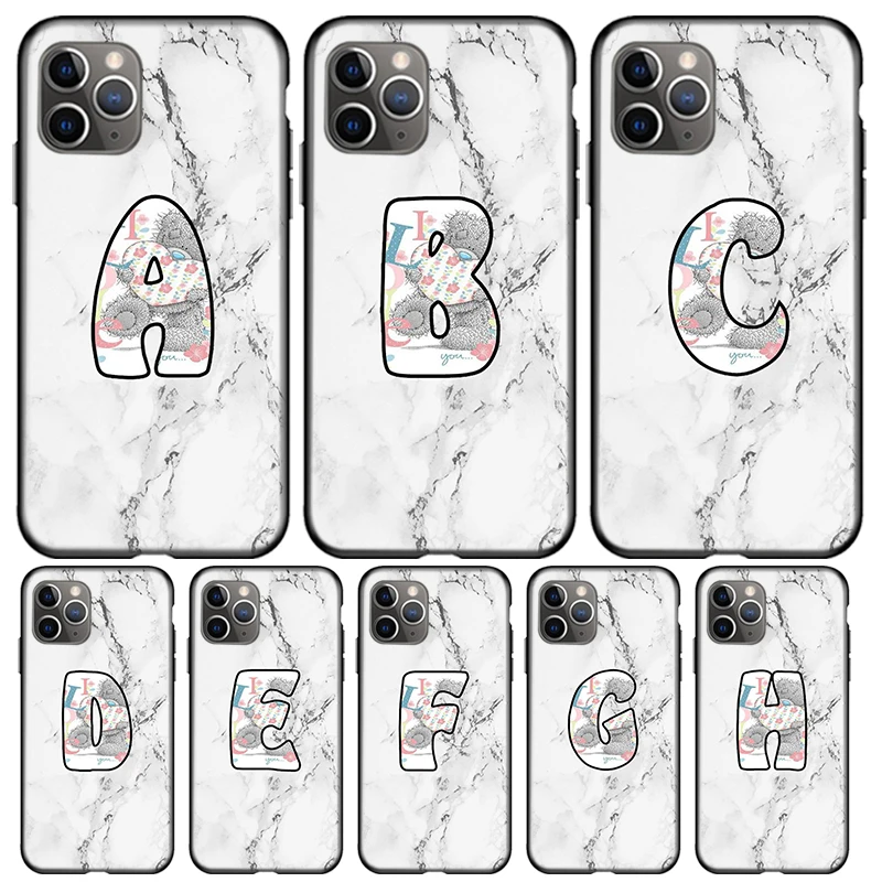 

Alphabet Cute Bear Marble For Apple iPhone 12 11 Pro Max mini XS Max XR X 8 7 6 6S Plus 5S SE 2020 Soft Black Phone Case