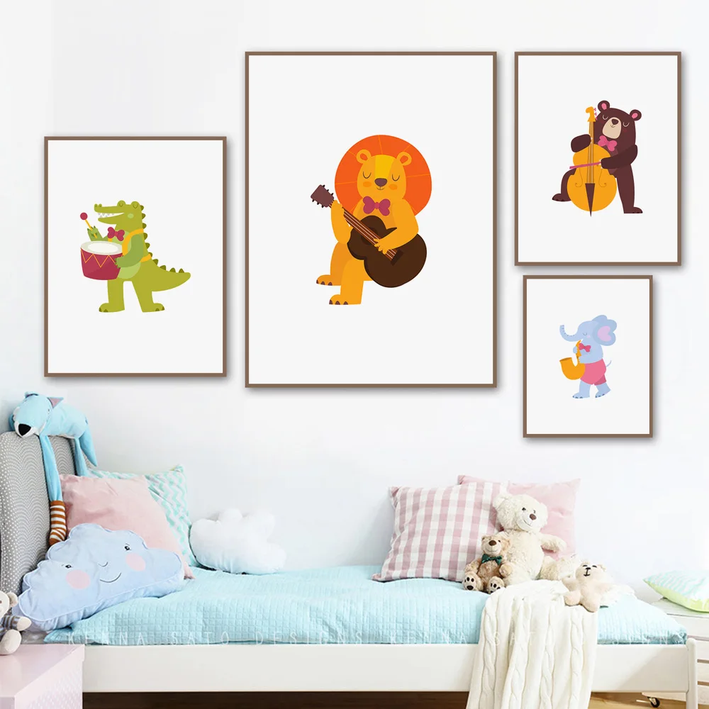 Настенная картина на холсте с изображением слона льва крокодила медведя гитары