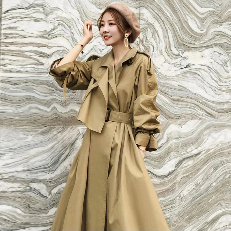 Women Trench Coat Autumn Casual Belt Waist Long Coat Turn Down Collar Long Sleeve Windbreaker Trench Fashion Outwear
