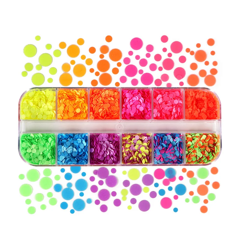 

12 Grid Boxed Fluorescent Color Size Mixed Round Nail Sequin Crystal Epoxy Filling Jewelry 3d Charms Nail Accessories Nail Art