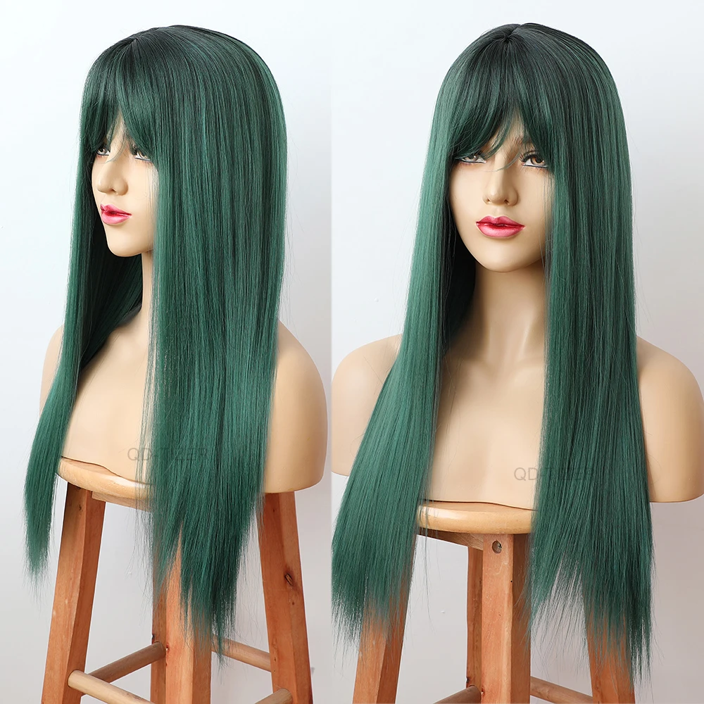 QD-Tizer Synthetic Wigs Dark Roots Ombre Long Straight Hair Ombre Green Wig with Bangs Heat Resistant