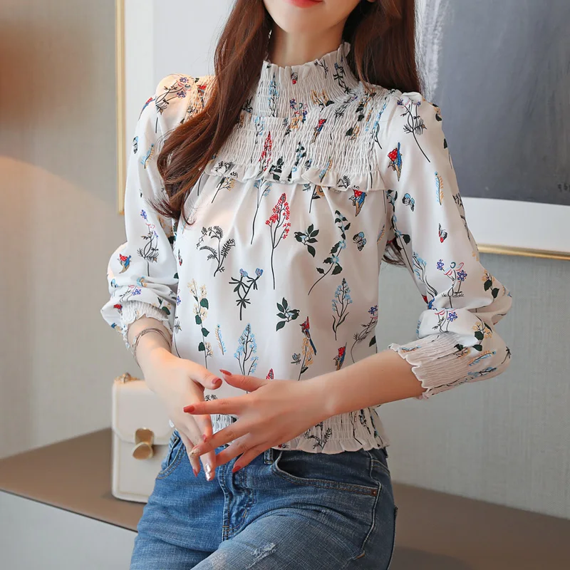 Осенние корейские модные шифоновые женские блузки с цветочным узором белые