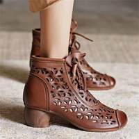 2021 spring and summer new genuine leather mid heel soft soles ankle boots female comfortable skid proof side zipper sandals