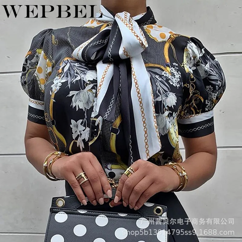 

Mandylandy Women Summer Elegant Bow Tie Print Shirt Top Casual Lady Short Puff Sleeve Chiffon T-shirt Blouse