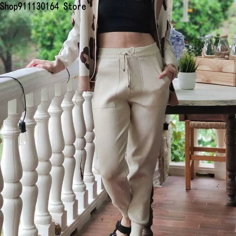 

Big Size Women Cardigan Sweater Tracksuits Leopard Knitted Tops Suits + Elastic Waist Pants Two Pieces Sets