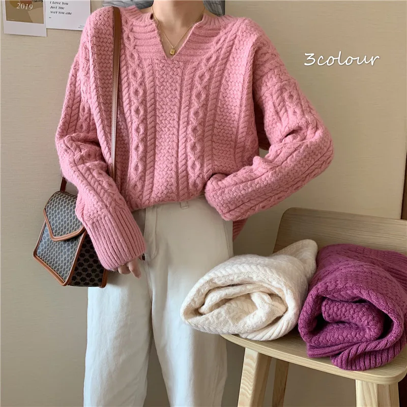 

Sweet Women 's Sweater Korean Casual V-neck Solid Twist Long Sleeve Loose Knit Tops Female All-mathed Fashion Tide 2021