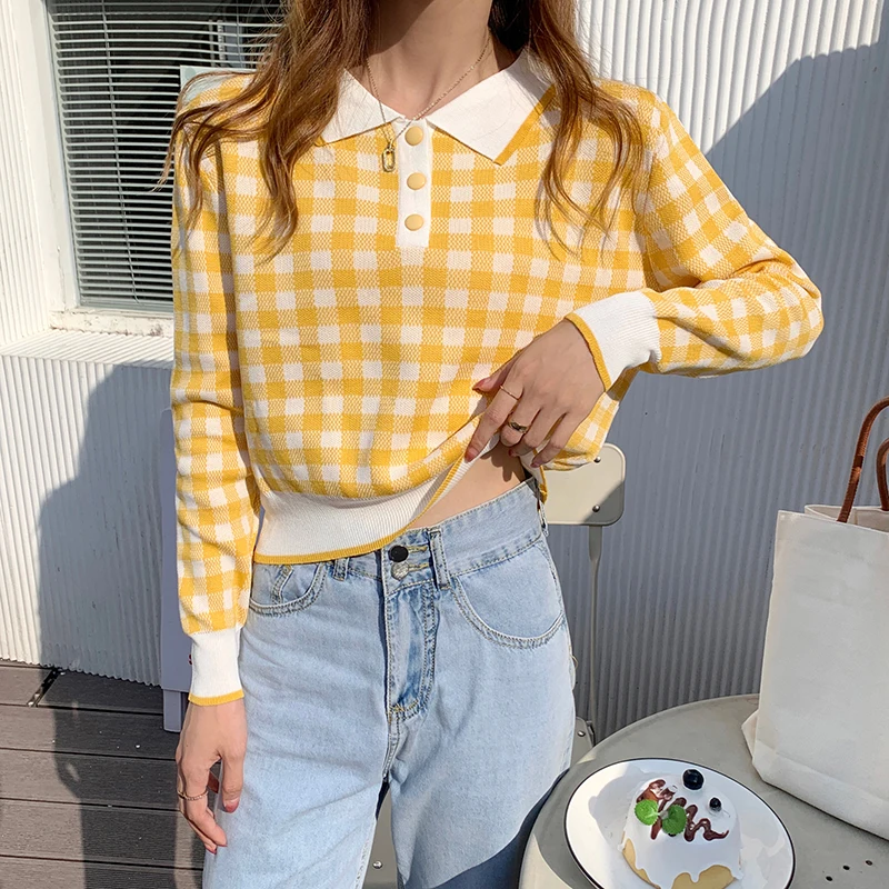 

Контрастные пуловеры рубашка для женщин корейский Клетчатый свитер с отложным воротником в стиле преппи с длинным рукавом Короткая трикот...
