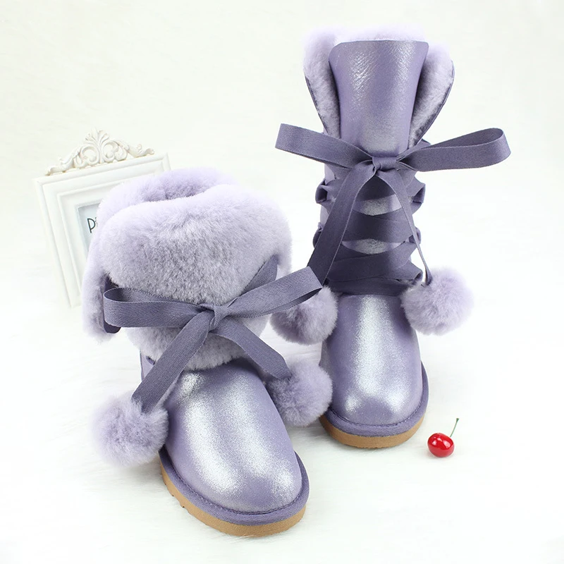 Purple Новинка; Модные Классические Теплые зимние сапоги в австралийском стиле; нескользящие женские зимние сапоги на натуральном меху; женская обувь на плоской подошве из овечьей шерсти - Цвет: Purple