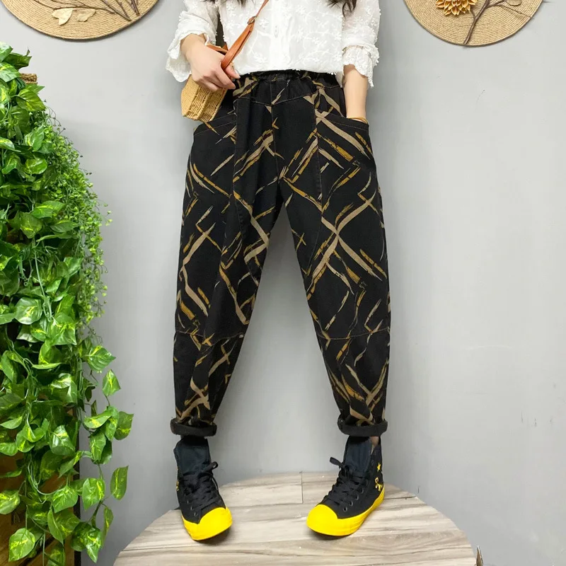 

Женские шаровары в стиле ретро, повседневные черные укороченные брюки свободного покроя в стиле пэчворк с карманами и поясом на резинке, ос...