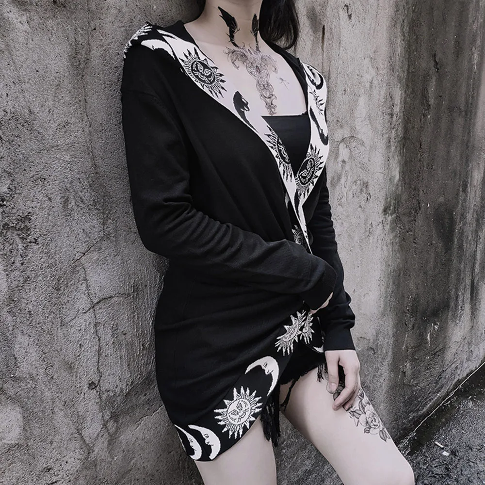 Женский длинный кардиган с принтом Луны и солнца свитер капюшоном топы