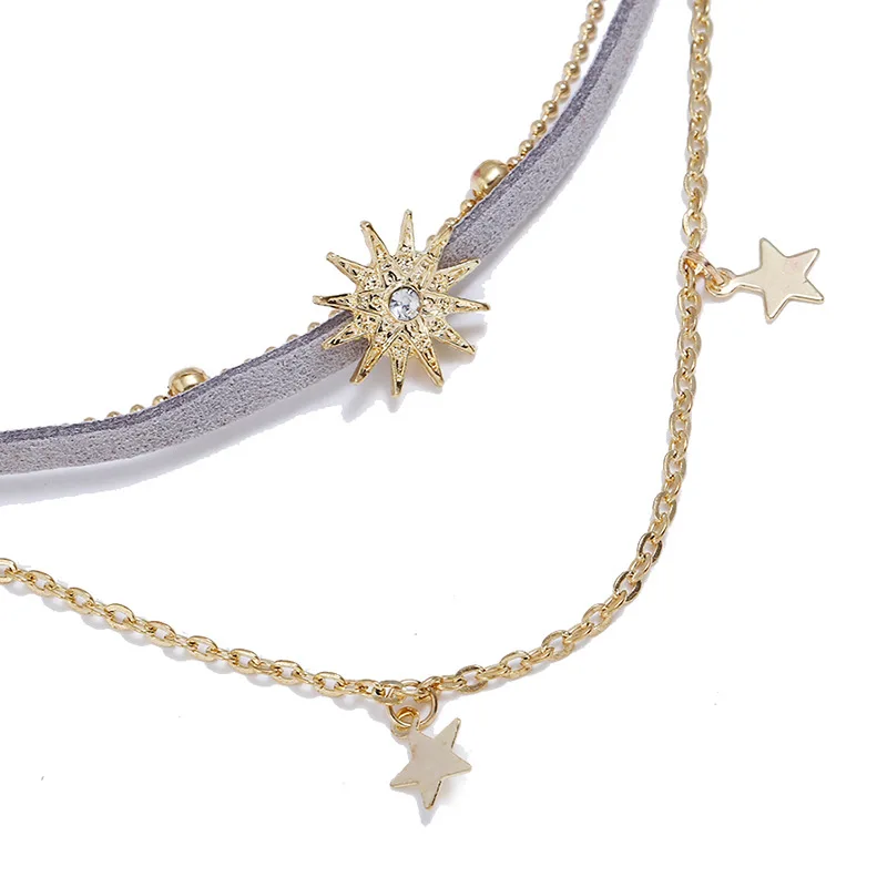 

Trend Pentagram Sun Multi Layer Pendant Necklace Personalized Women's Flannelette Gold Chain Choker Fashion Party Jewelry Gifts