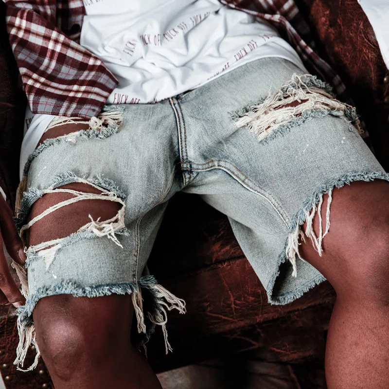 

Summer Ripped Men Shorts Straight Loose Beggar Hole Denim Shorts High Street Hip Hop Male Shorts Jeans