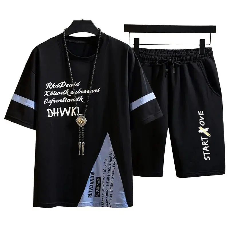 

021 New Men's T-shirt Set Fashion Hip Hop Streetwear printing T Shirts+Sports Shorts men's clothing Casual tracksuit men Set