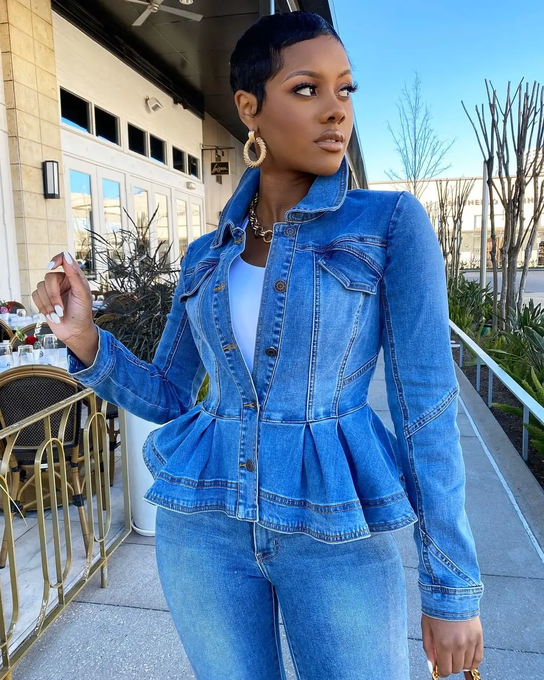 

Autumn Women Jean Coat Ruffle Full Sleeves Turn Down Neck Single-breasted Slim Fashion Lady Jacket Denim Coat Female
