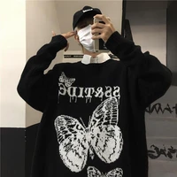 men high street butterfly jacquard retro loose couple sweater korean clothes high quality round neck pullover harajuku sweater
