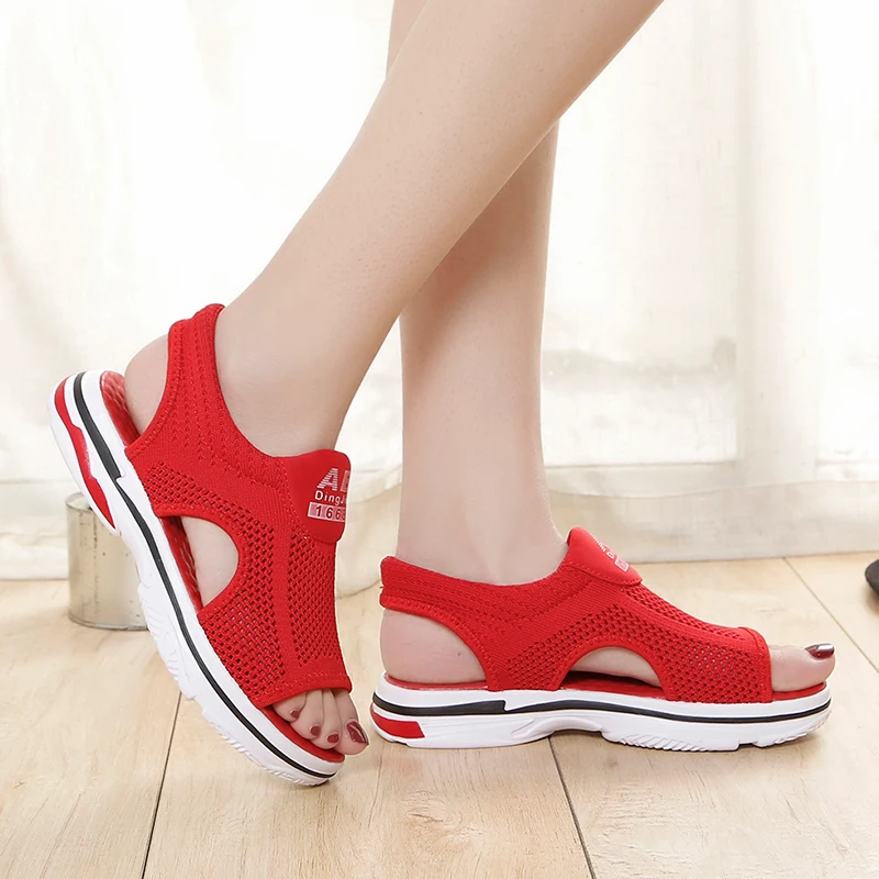 

Sports Sandals 2021 Women's Summer Mesh Soft Bottom Casual Breathable Running Shoes Flat Hollow Student Soft Fish Mouth Shoes