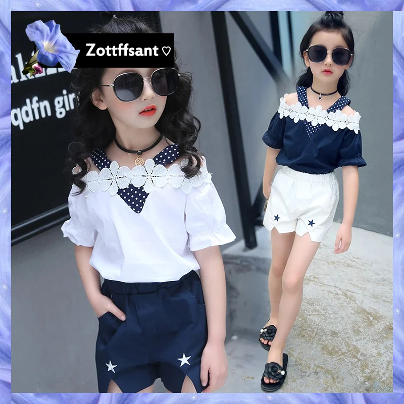 

T shirt+Bow Short Pants 2pcs Kids Outfits Set 8 9 10 12 Years Girl Clothes Sets Summer Child Baby off shoulder