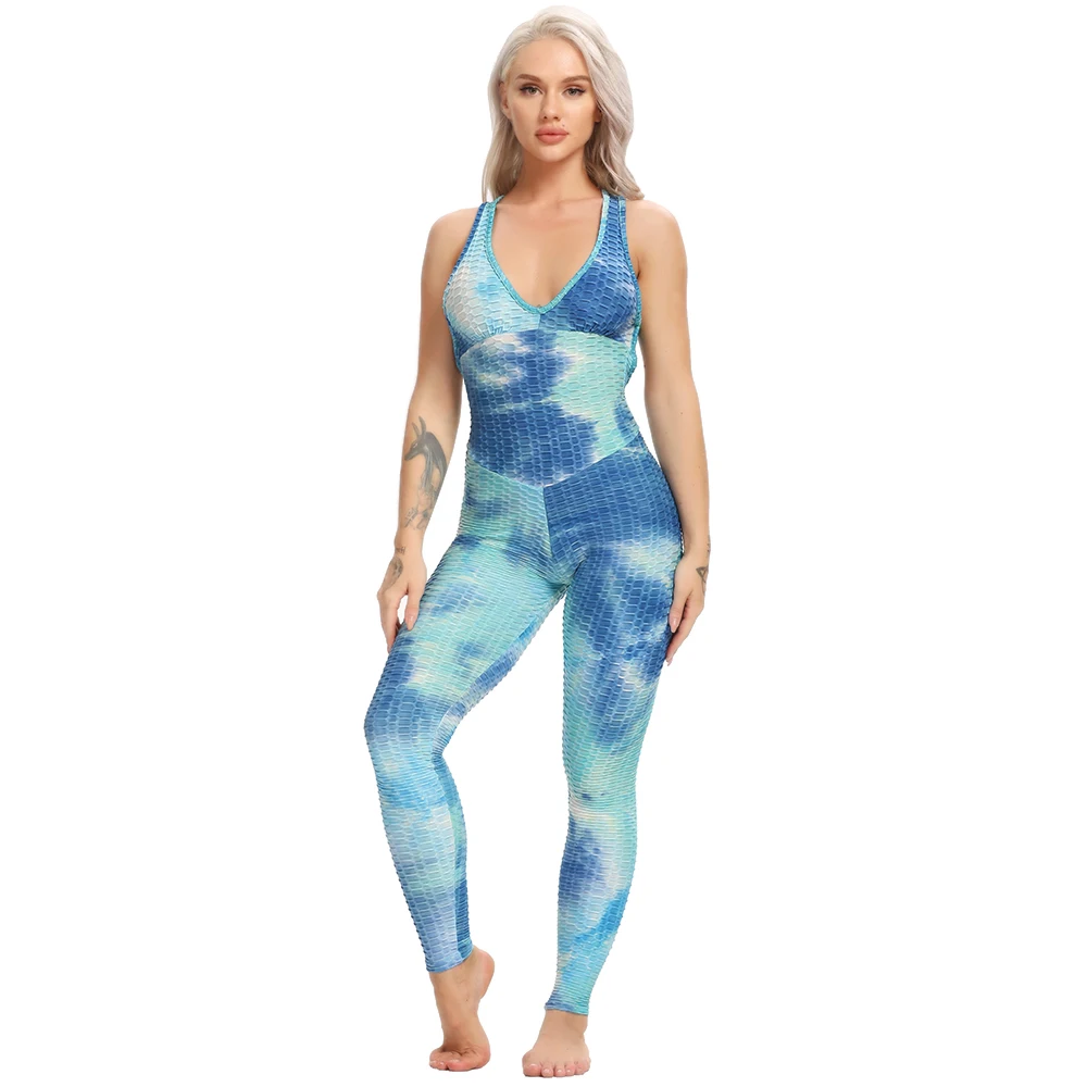 

FITTOO Jumpsuit Women Cross Back Ink Tie-dye Overalls For Women FitnessSexy Jumpsuit Jacquard Tracksuit Gym Workout Sportwear