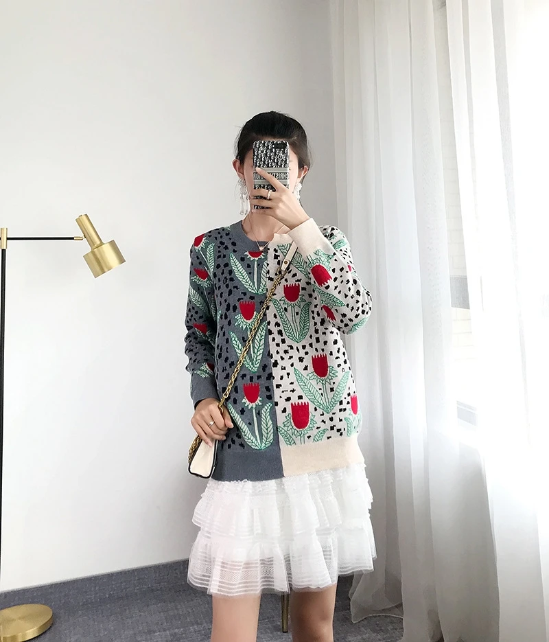 Свободный жаккардовый вязаный свитер для женщин 2019 осенний лоскутный