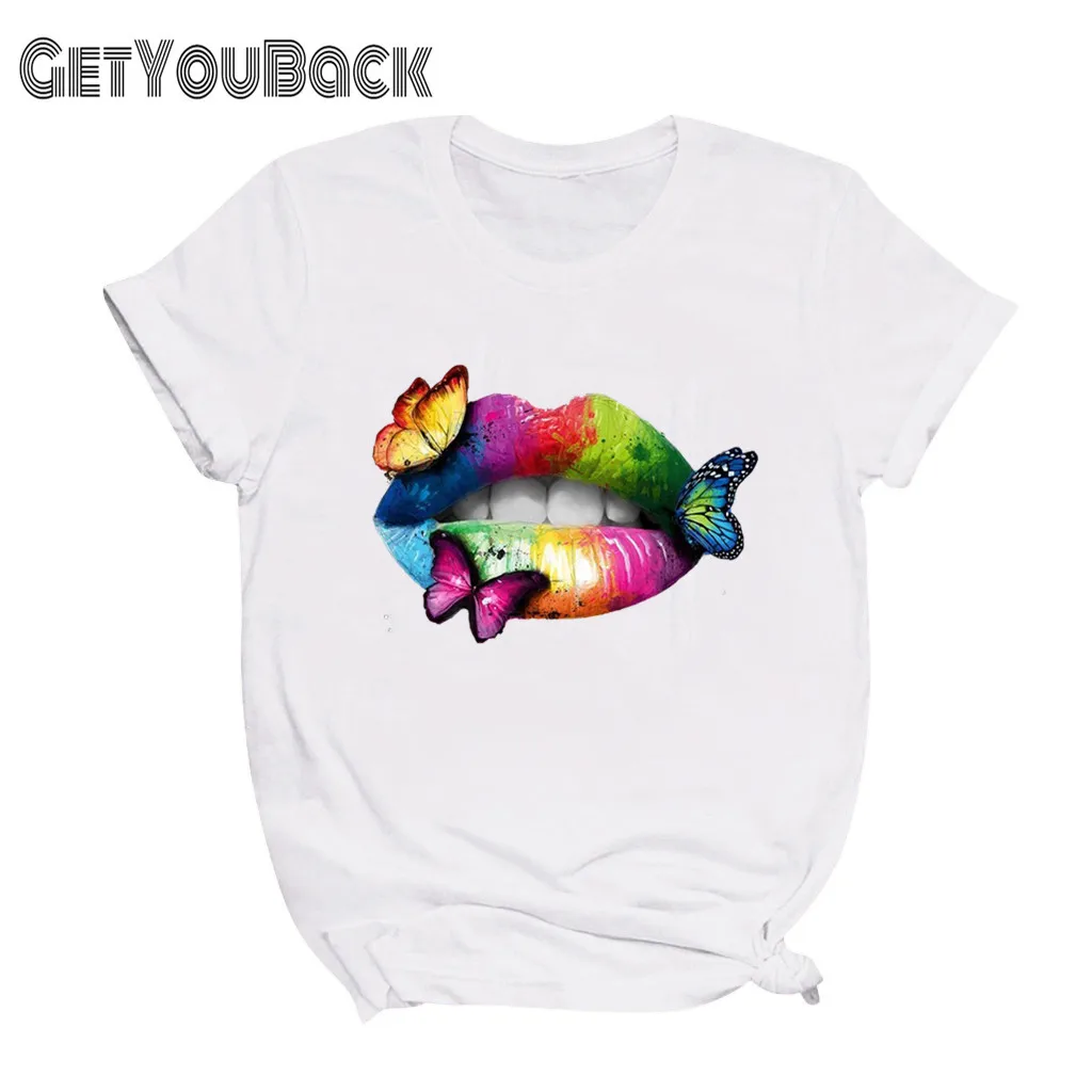 Радуга для губ в виде цветов и бабочек винтажном стиле Женская футболка девочек