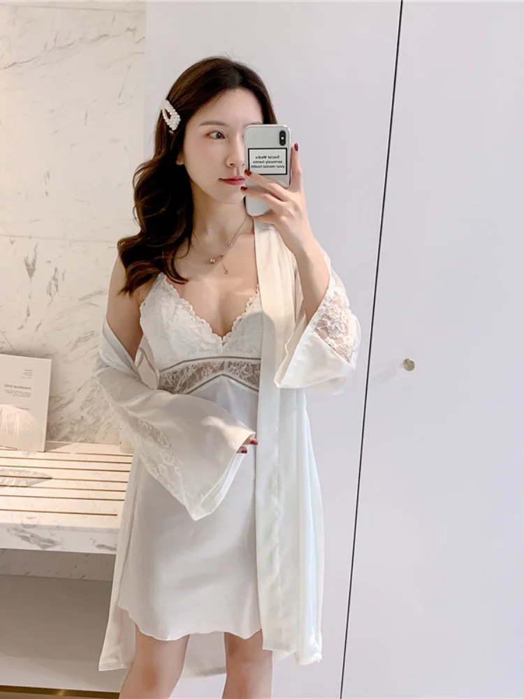 

Sexy nightdress deep V lace suspender nightdress silk nightdress Nightgown set women sleepwear set sleep wear women dress