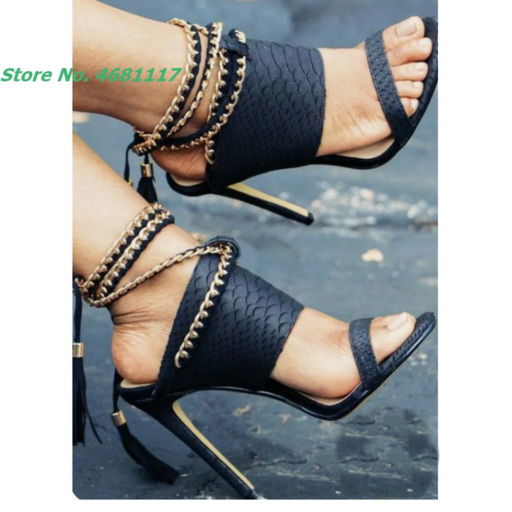 

Metal Chain Hollow Fringe Buckle Sandals Fish Pattern Pointed Toe Ankle Strap High Stiletto Heels Casual Street Style Fashion