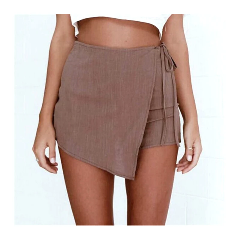 Шорты женские однотонные Асимметричные с завышенной талией из хлопка и льна |