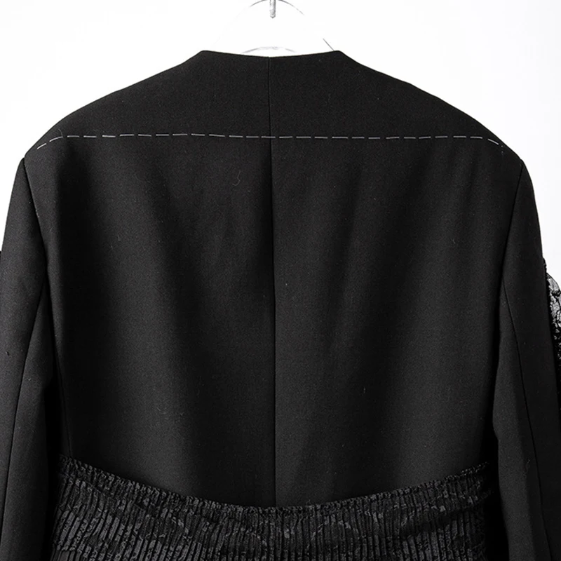 

[EAM] Women Ruffles Big Size Lace Black Blazer New Notched Long Sleeve Loose Fit Jacket Fashion Spring Autumn 2021 1DD4050