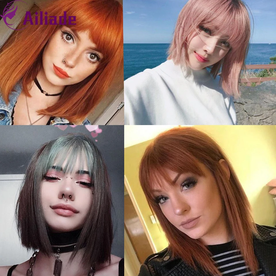 AILIADE 2020 Long Straight With Bangs Synthetic Wigs Ombre Gray Red Pink Blue Natural False Hair For Women Daily/Cosplay/Party | Шиньоны и