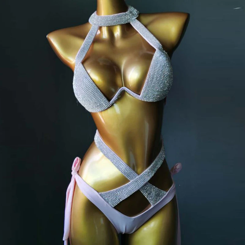 

New Fashion Diamond Bikini Bandage Swimwear Rhinestone Bathing Suit Sexy Women Beachwear Shiny Cross Bandage Thong Party Club