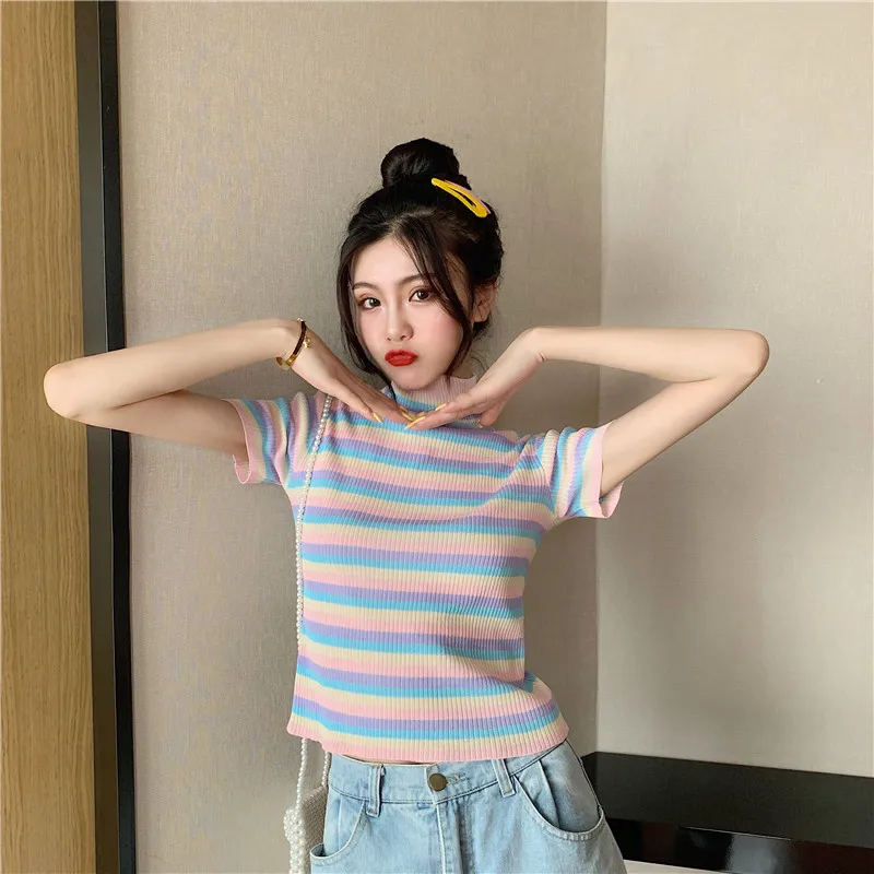 2020 Summer Ice Cream Tee Shirt Female Rainbow Striped Knitted Crop Top Women Short Sleeve Slim Fit T shirt Sweet Preepy Style | Женская