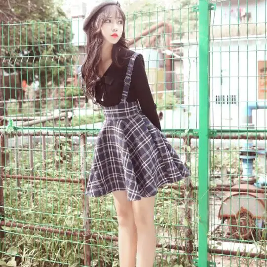 2019 сарафан в клетку юбка осенняя японская винтажная шерстяная тонкая