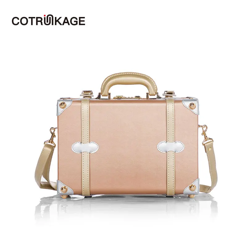 COTRUNKAGE, розовое золото, 13 дюймов, женская сумка из искусственной кожи, переноска чемодана, косметичка для девочек, декоративная коробка с ремнями