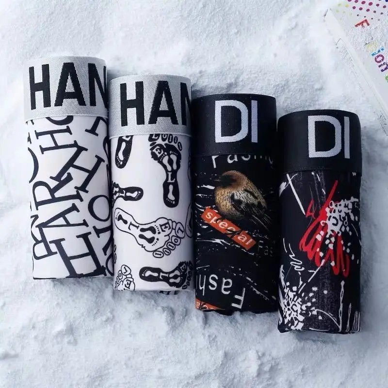 4Pcs/Lot Men's Panties Boxer Print Underwear Cotton Shorts For Male Couple Sexy Set Calecon Large Size Underpants L-3XL