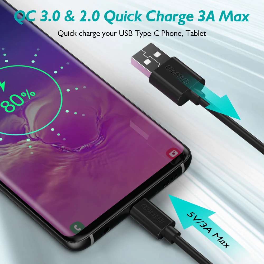 CHOETECH USB Тип C кабель для samsung s9 Быстрая зарядка мобильный телефон зарядный провод