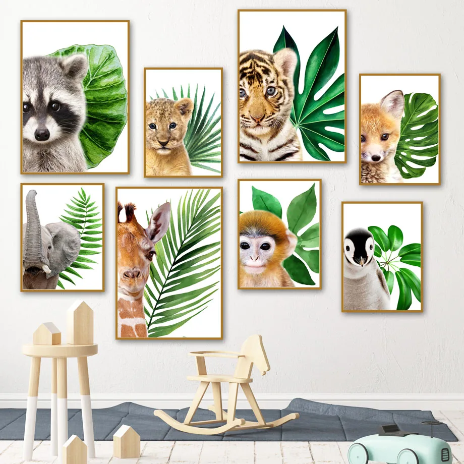

Raccoon Lion Fox Giraffe Animal Monstera Leaf Nordic Posters And Prints Wall Art Canvas Painting Wall Pictures Kids Room Decor