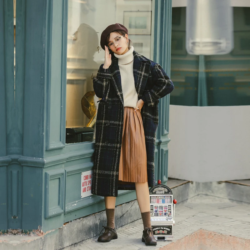 Manteau 2020 осенне зимнее длинное шерстяное пальто в клетку женское винтажное