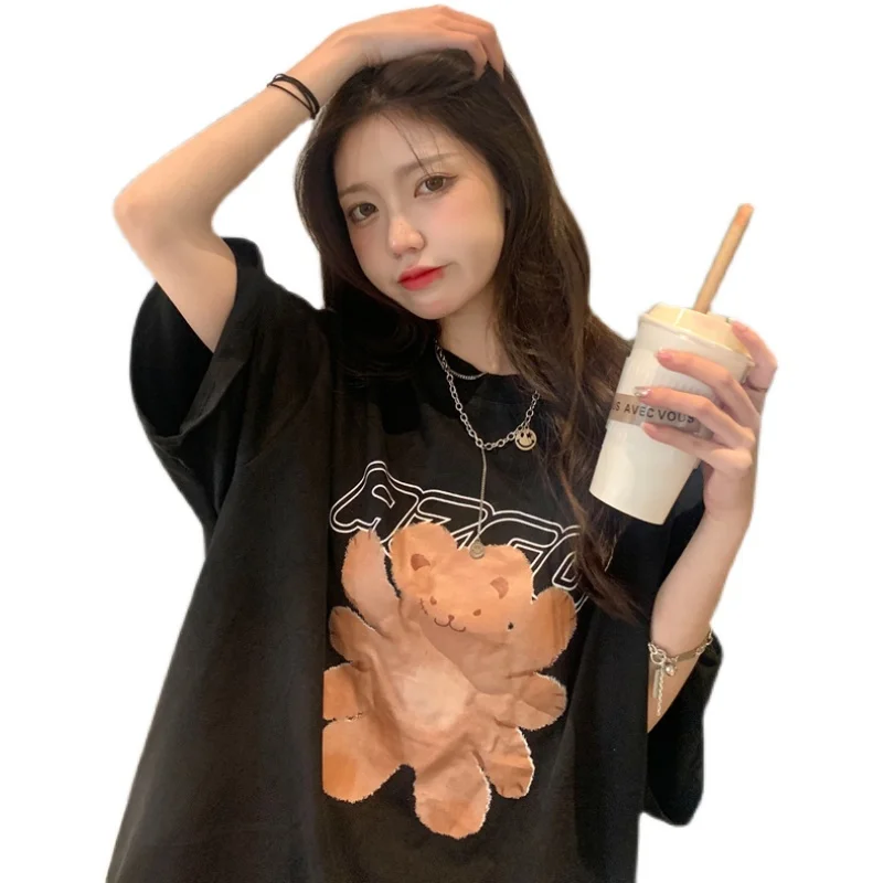 

Houthion Women's Oversized T-shirt Crop Top Letter Pint Tops Loose Plus Size Tshirt New Casual Fashion O-neck T Shirt Cotton