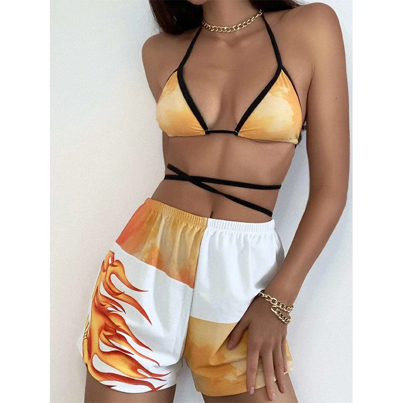 Холтер бикини с высокой талией купальный костюм пожарным принтом купальник