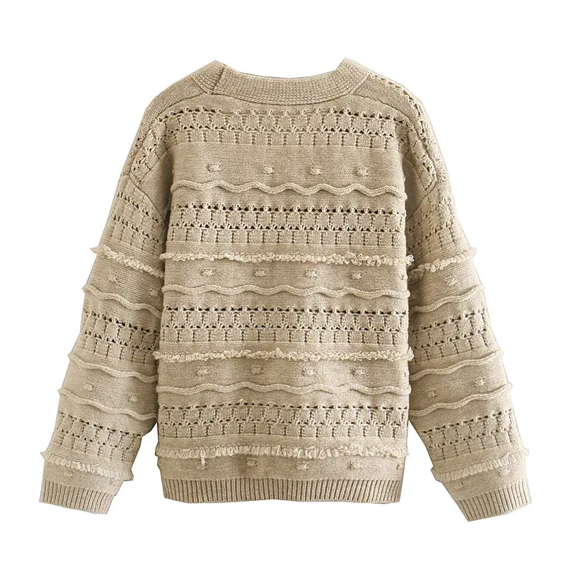 Women's sweater za 2020 cardigan ball decoration V-neck winter warm knitted single button casual striped |