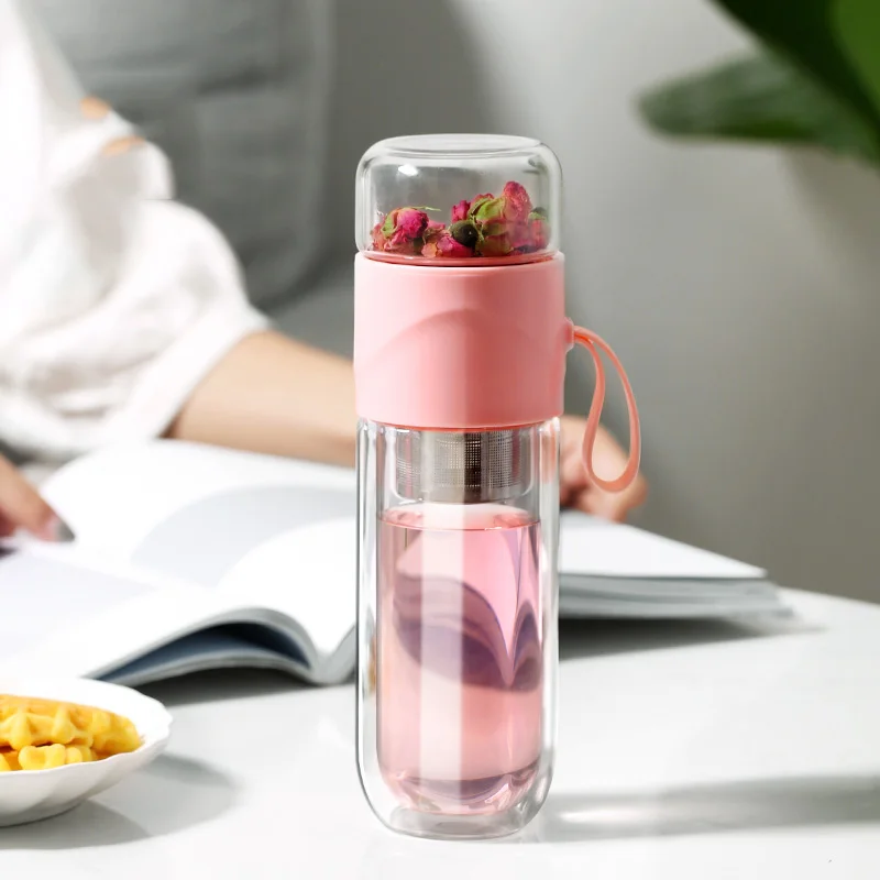 Pink 390ml Oneisall стеклянная чайная бутылка для воды с инфузионный стакан с двойными стенками 400 мл Свободная чайная и водная разделительная чайная бутылка кружка для путешествий - Цвет: Pink 390ml