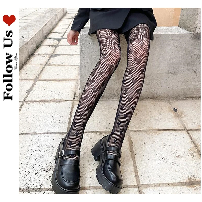 

Gothic Stocking Lace Fishnet Stockings Female Cute Japanese Harajuku Designer Love Dots Sexy Tights Lolita Black Pantyhose Women