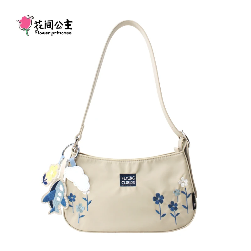

Flower Princess Flying Clouds Women's Bag Small Black Niche Embroidery Hobos Female Nylon Shoulder Handbag Underarm Baguette Bag