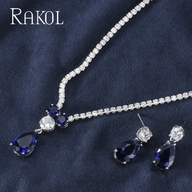 Blue RAKOL Новая мода Роскошные AAA циркон форма капли воды ожерелье серьги набор украшений для женщин вечерние свадебное платье аксессуары - Окраска металла: Blue