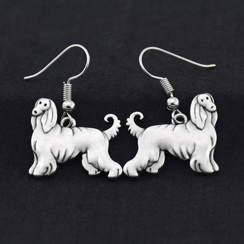 Античные серебряные серьги-подвески в форме собаки афганской Длинные большие