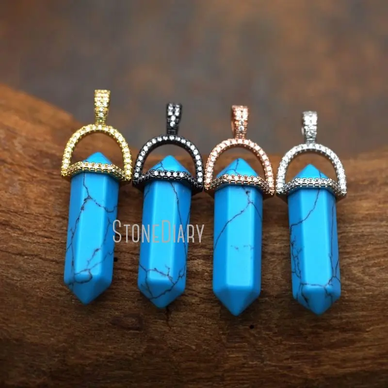 

PM7407 синий Синтетический Howlite граненый белый кубический цирконий с двойным концом искусственная Призма кулон 32x8 мм