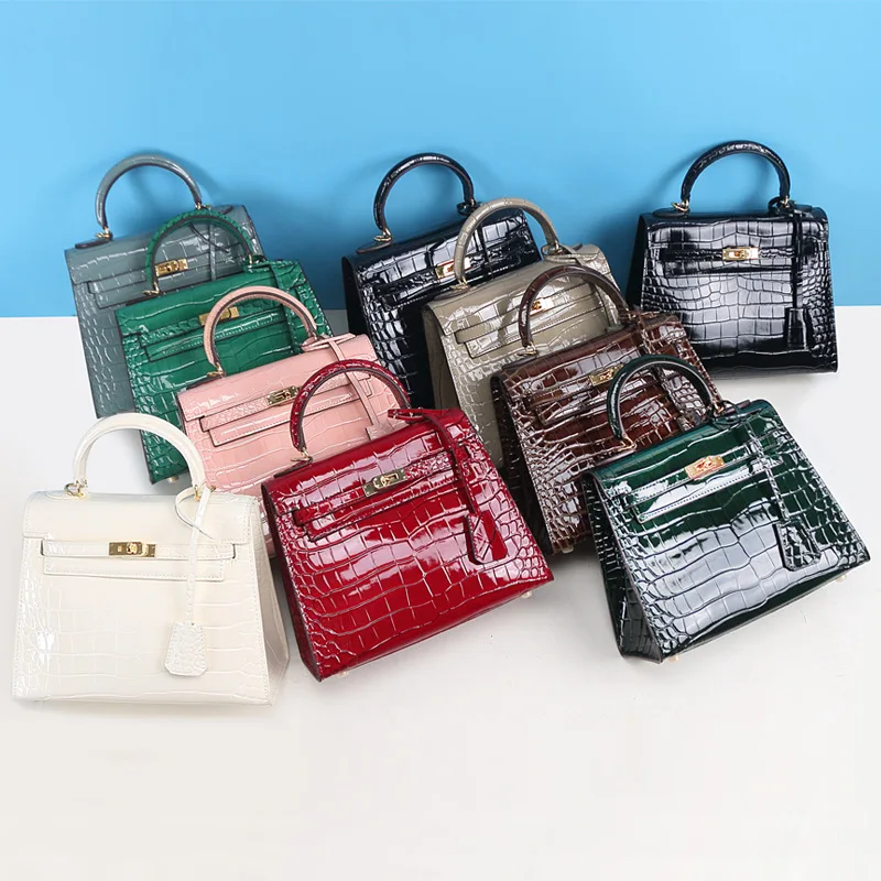 

New Leather Handbags Patent Leather Crocodile Pattern Kelly Bag Gold Buckle Shoulder Diagonal Bag Fashion Handbag